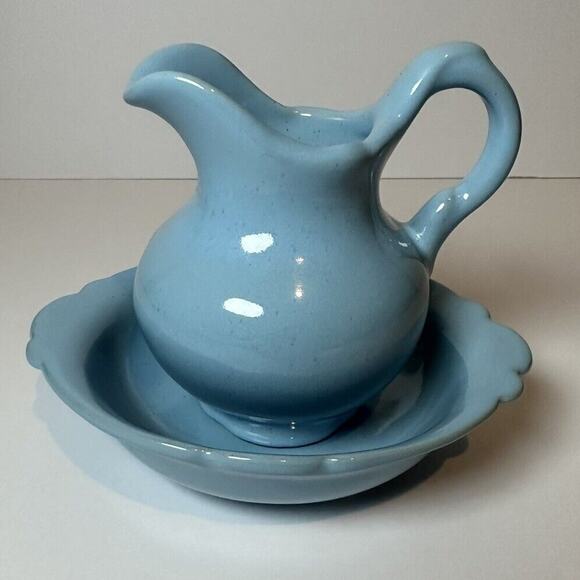 Vintage Robin Egg Blue Small Pitcher and Basin Frankoma 30A and B Art Pottery - Picture 1 of 8